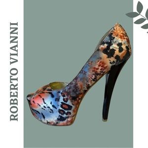 🛍️3/$40 Roberto Vianni Open Toe Stilleto Platform Fabric Multi Color  7.5 / 38